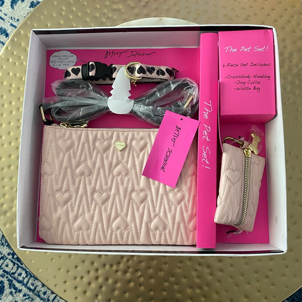 Betsey Johnson Three Piece Pink Hearts Pet Gift Set